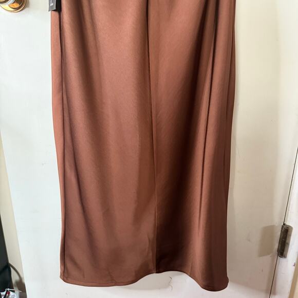 Lulus Satin Halter Midi Dress Brown Sz L NWT | Open Back Wedding Guest Gown - Picture 6 of 16